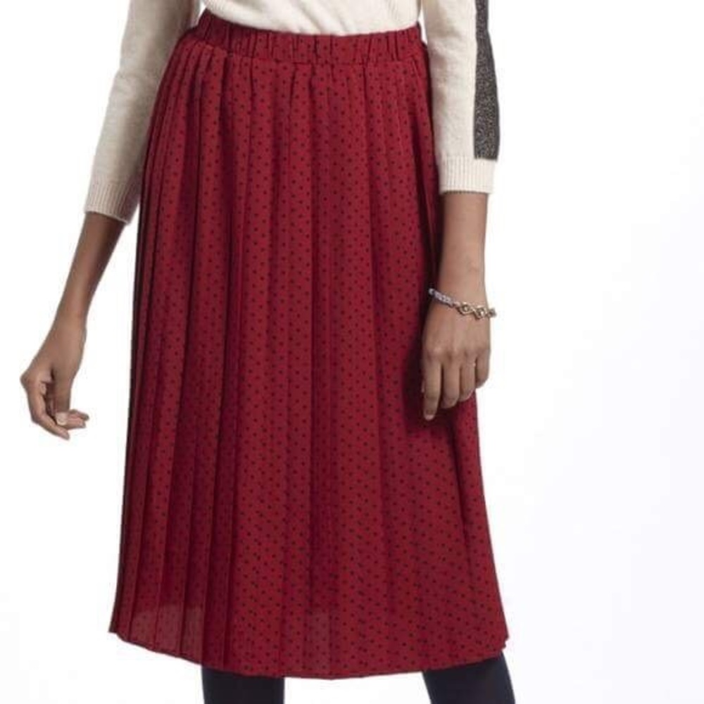 Anthropologie Red Pleated Skirt w/ Black PolkaDots